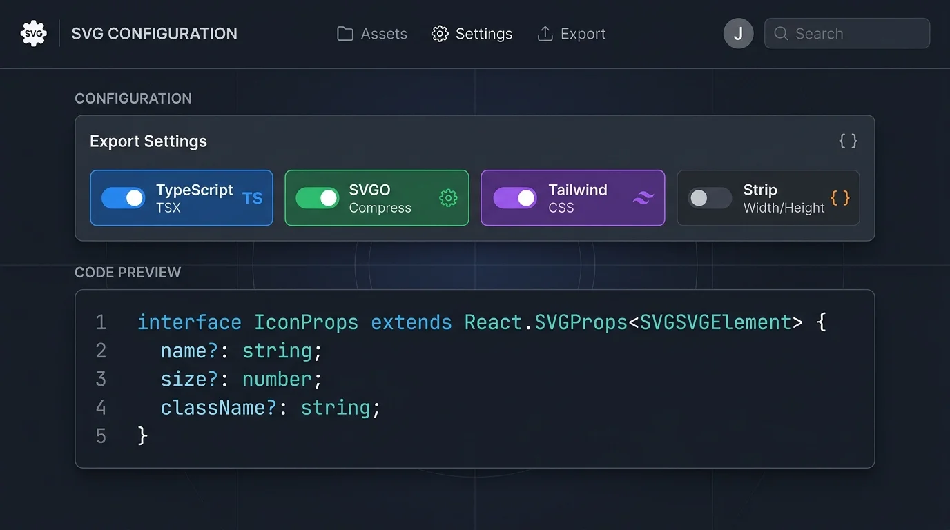 SVG to React TypeScript output showing auto-generated IconProps interface and TSX toggle controls