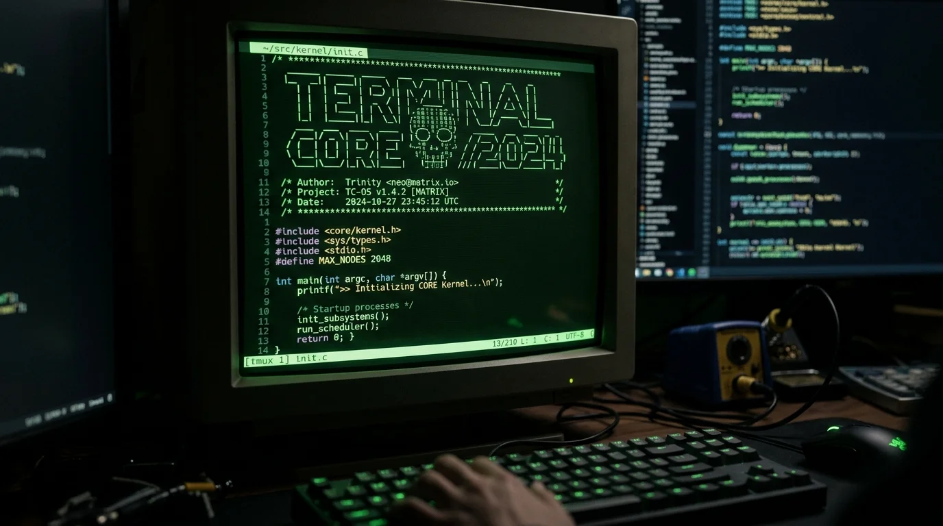Dark terminal window displaying an ASCII art logo banner inside a code file header comment