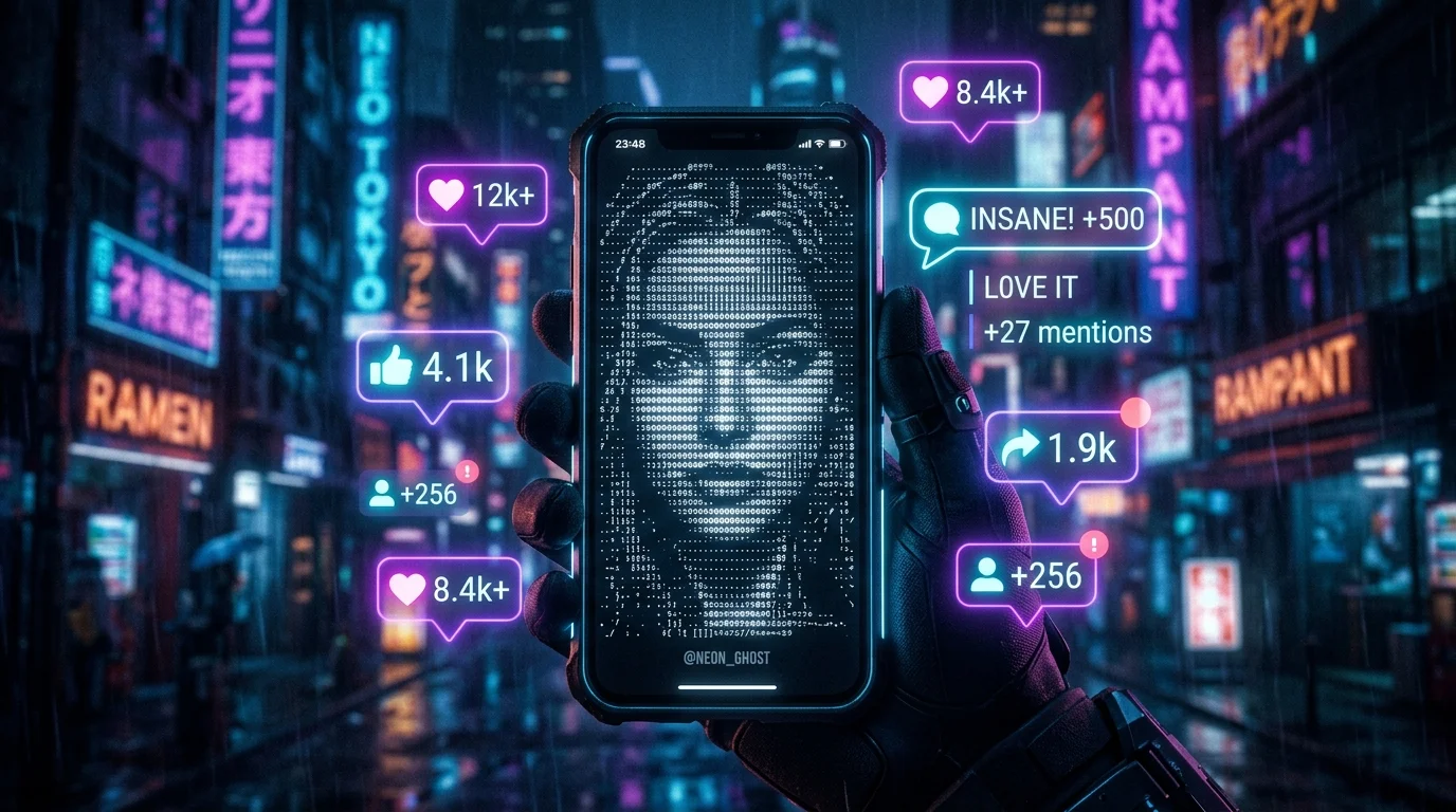 Smartphone screen showing bold ASCII art portrait in a social media comment section with neon light effects