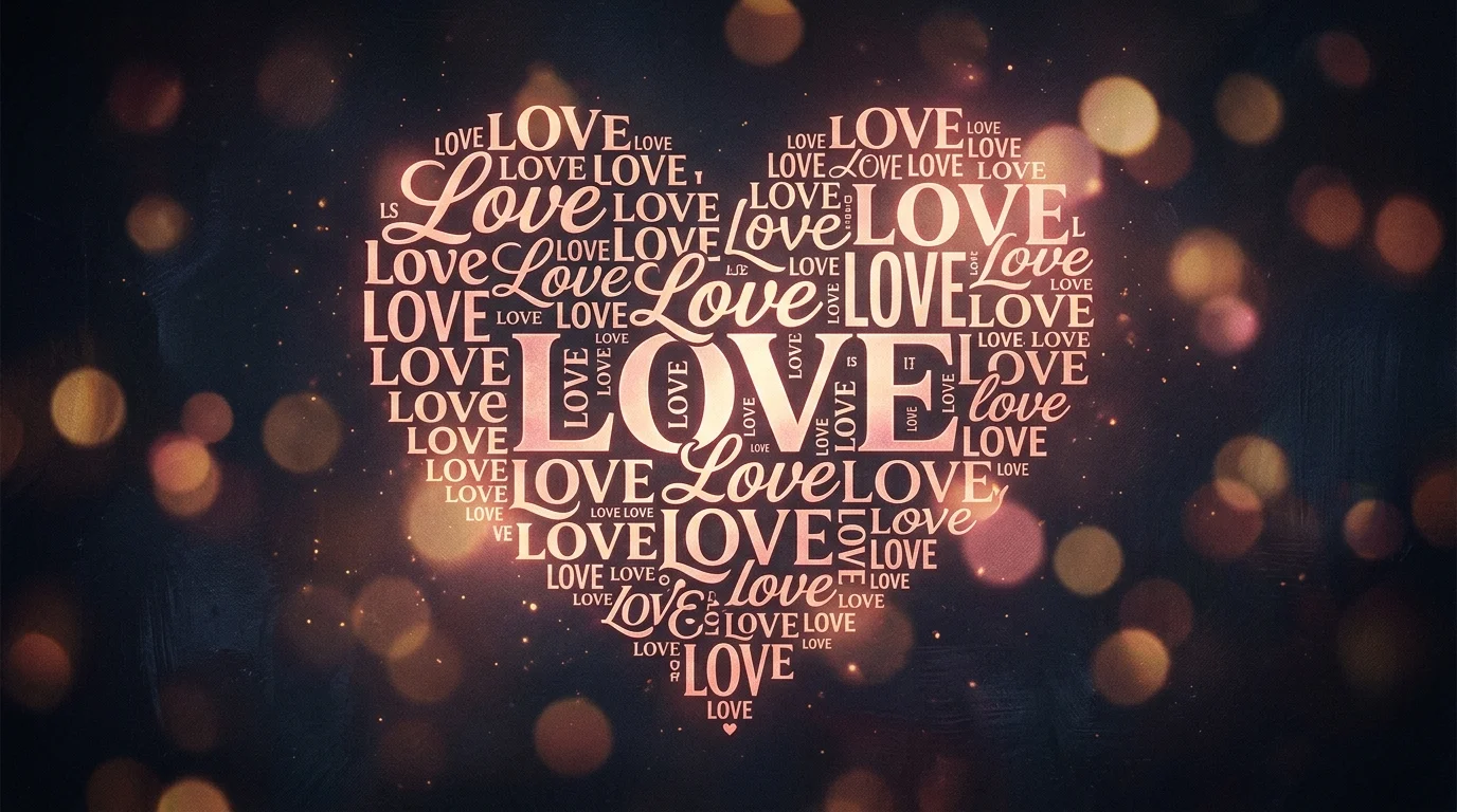 Canvas showing a heart shape formed from the word LOVE in warm pink-gold glowing characters