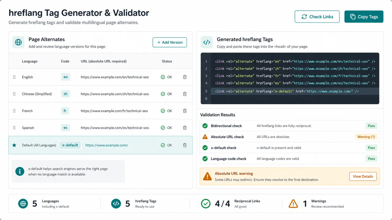Générateur de Balises SEO Techniques hreflang x-default and absolute URL validation