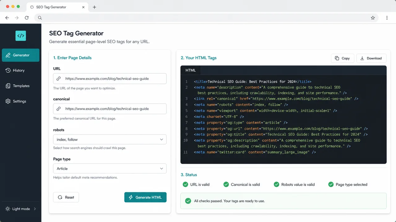 Générateur de Balises SEO Techniques canonical robots and HTML tag preview