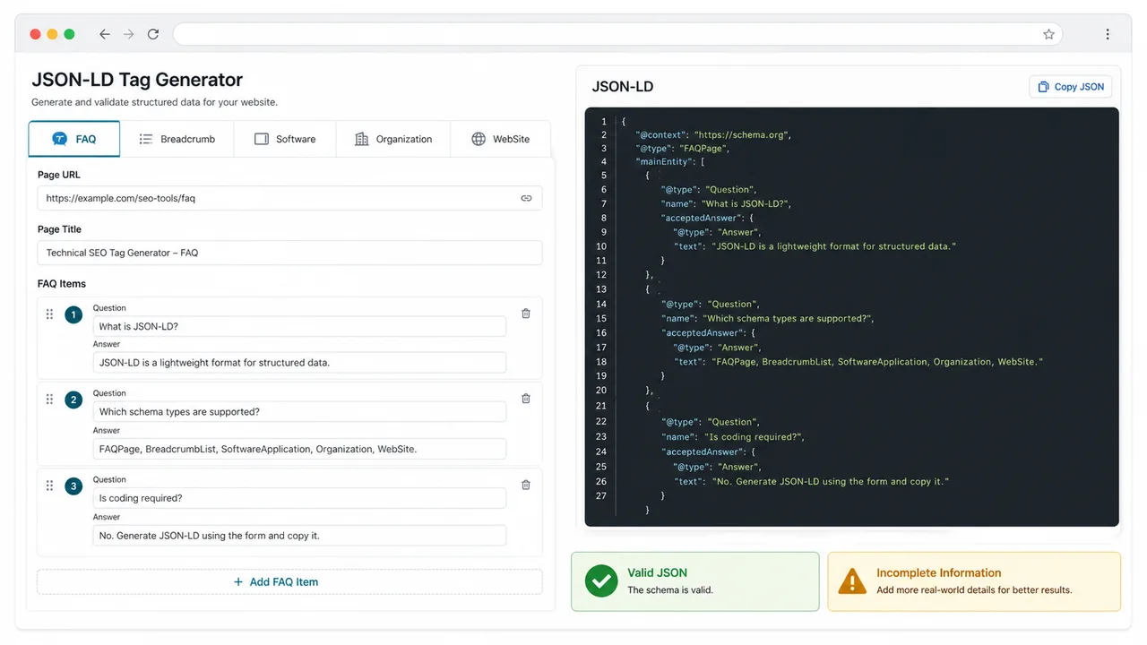 Générateur de Balises SEO Techniques JSON-LD schema generator workflow