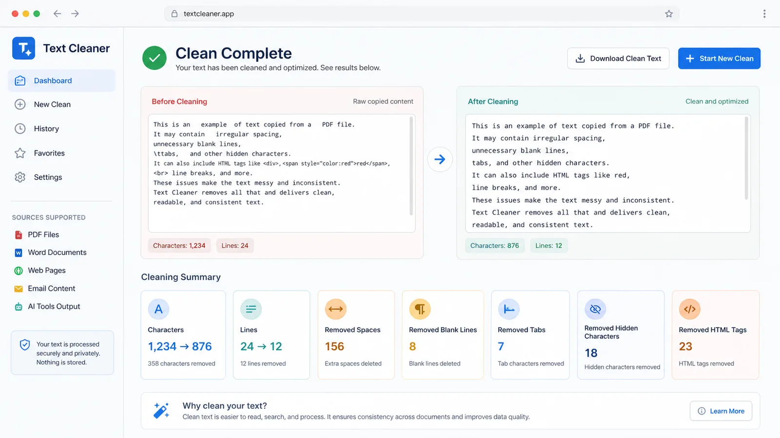 Text Cleaner metrics dashboard comparing before and after character counts line counts and removed content totals