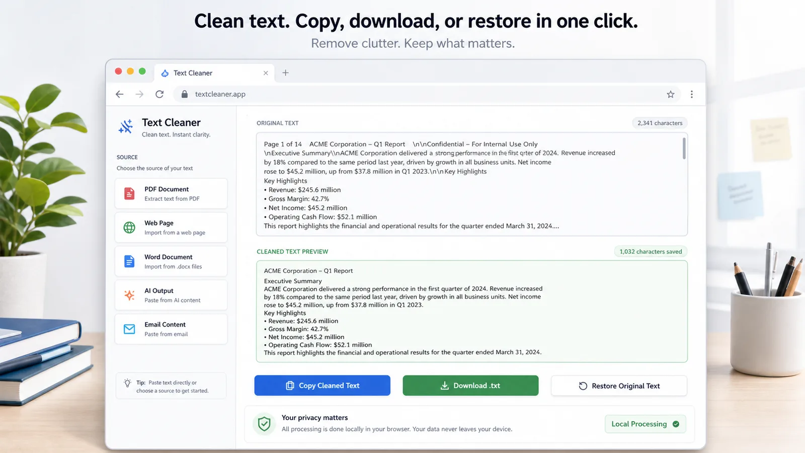 Text Cleaner workflow with copy download restore original and local browser processing controls