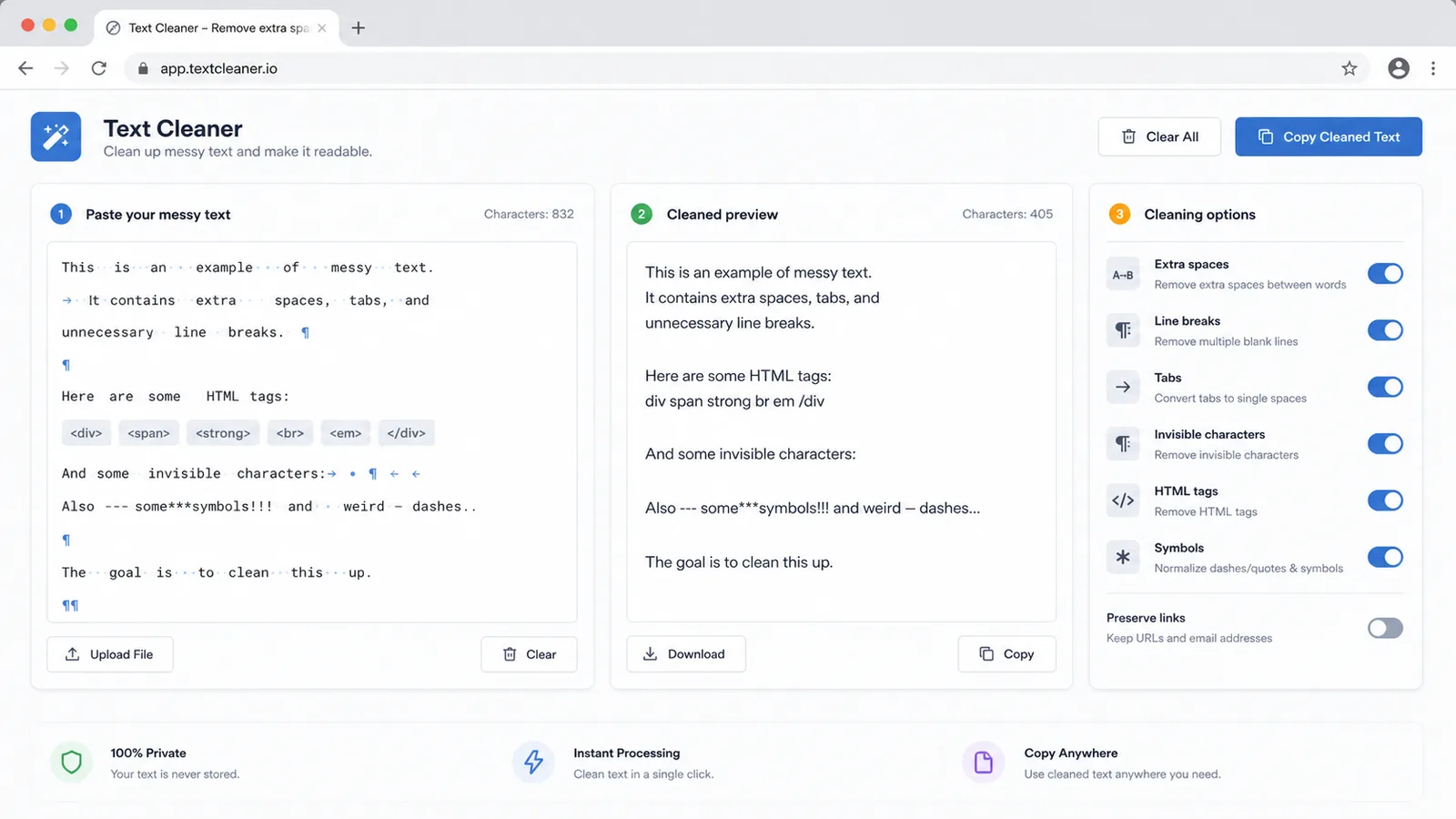 Text Cleaner live preview removing extra spaces tabs invisible characters HTML tags and special symbols from messy copied text