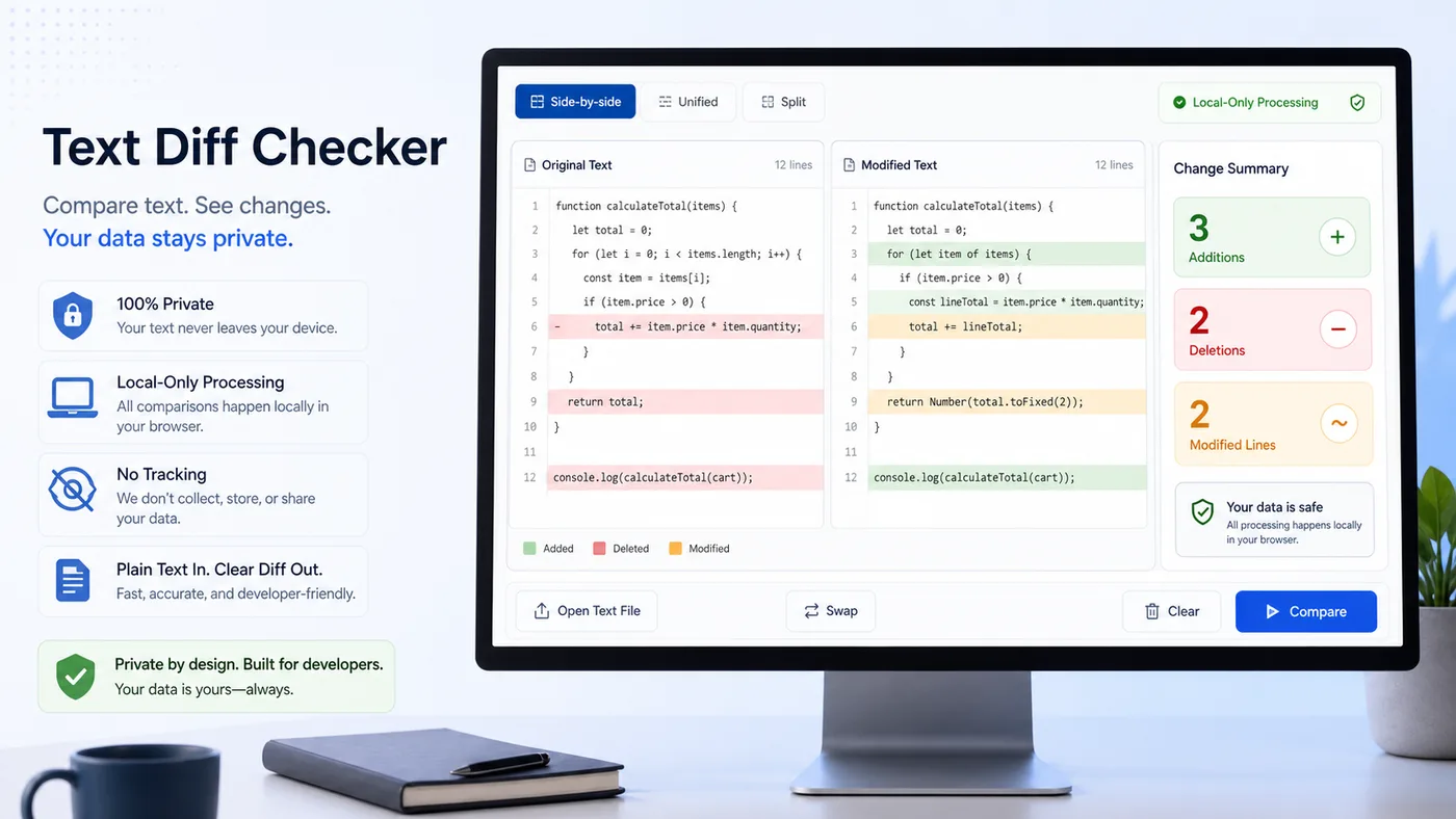 Text Diff Checker browser tool with privacy-focused local processing and a concise difference summary