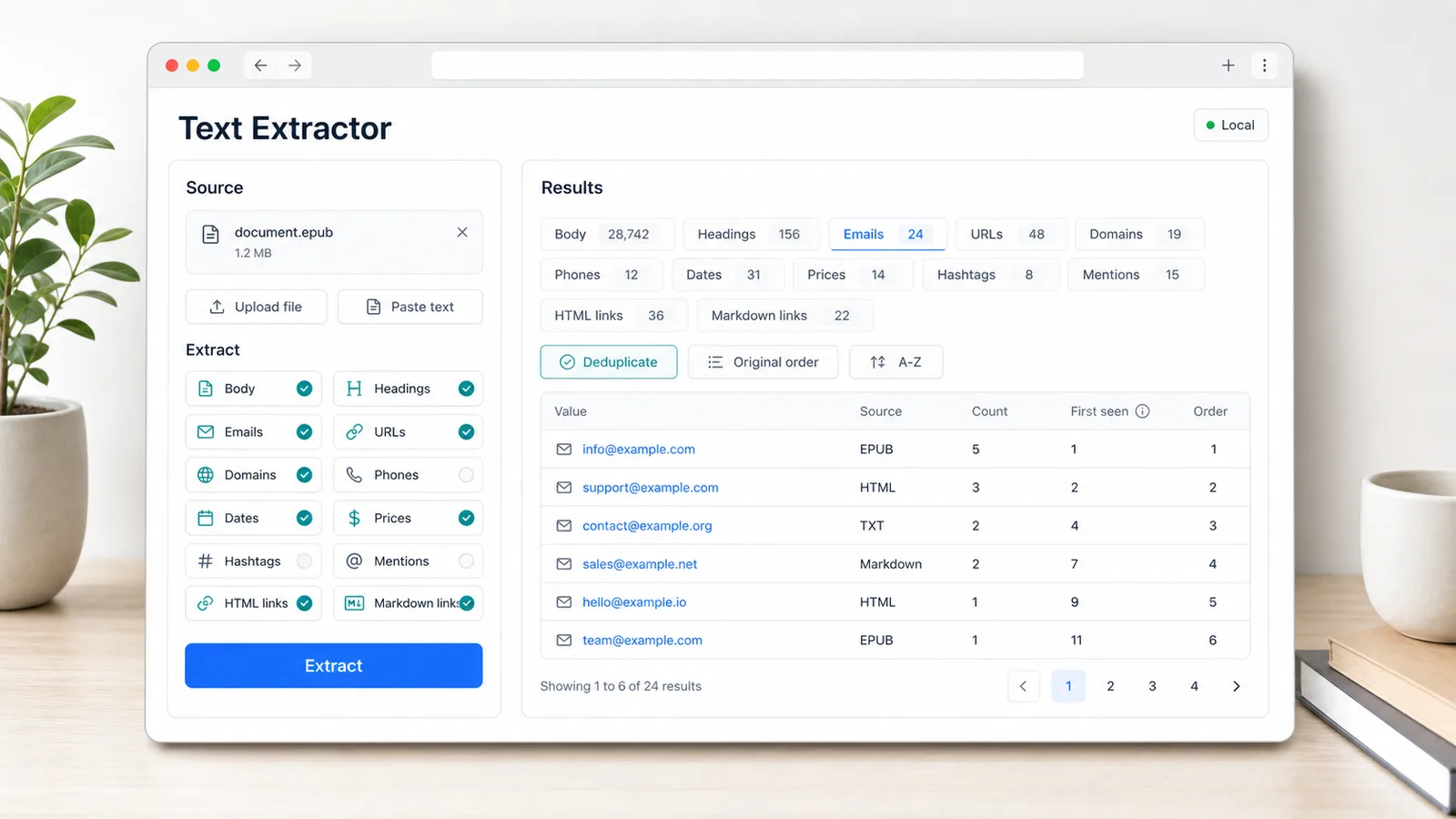 Text Extractor structured results for body headings emails URLs domains dates prices hashtags mentions HTML links and Markdown links