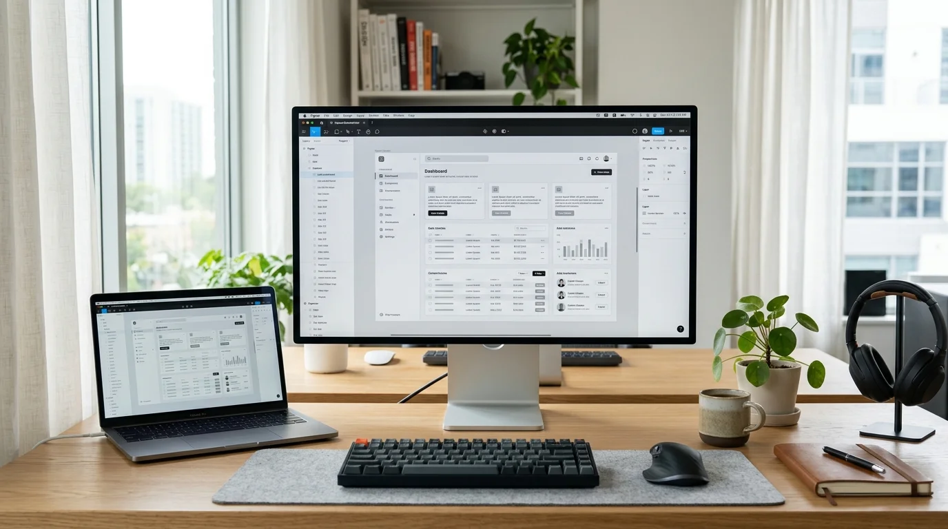 UI designer at a clean workstation with Figma wireframes filled with placeholder text, soft natural office light