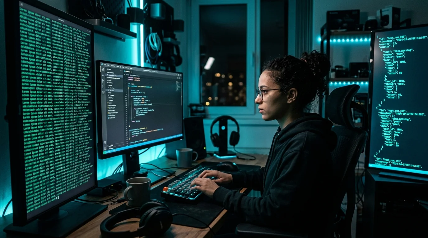 Developer at a multi-monitor desk generating repeated test data strings in a terminal, cyberpunk blue-green glow