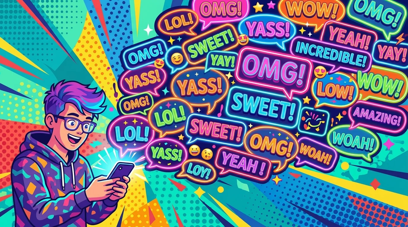 Young person holding a smartphone with repeated text chat bubbles bursting from the screen in vibrant pop art style