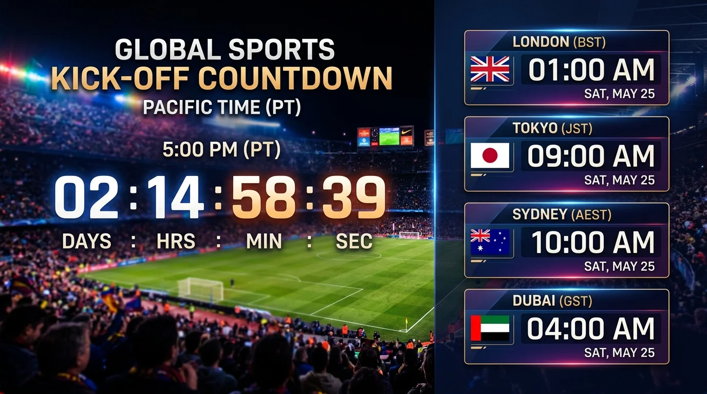 Split-screen showing a sports broadcast schedule in Pacific Time alongside local timezone clock panels for fans in different countries