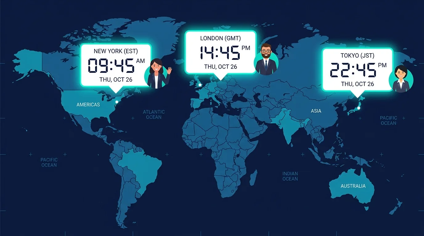 World map with multiple timezone clocks showing overlapping business hours for a global remote team