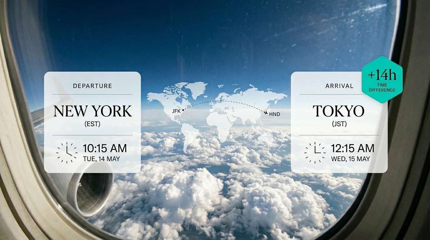 Airplane window view with departure city clock on the left and destination city clock on the right showing time difference on a world map background