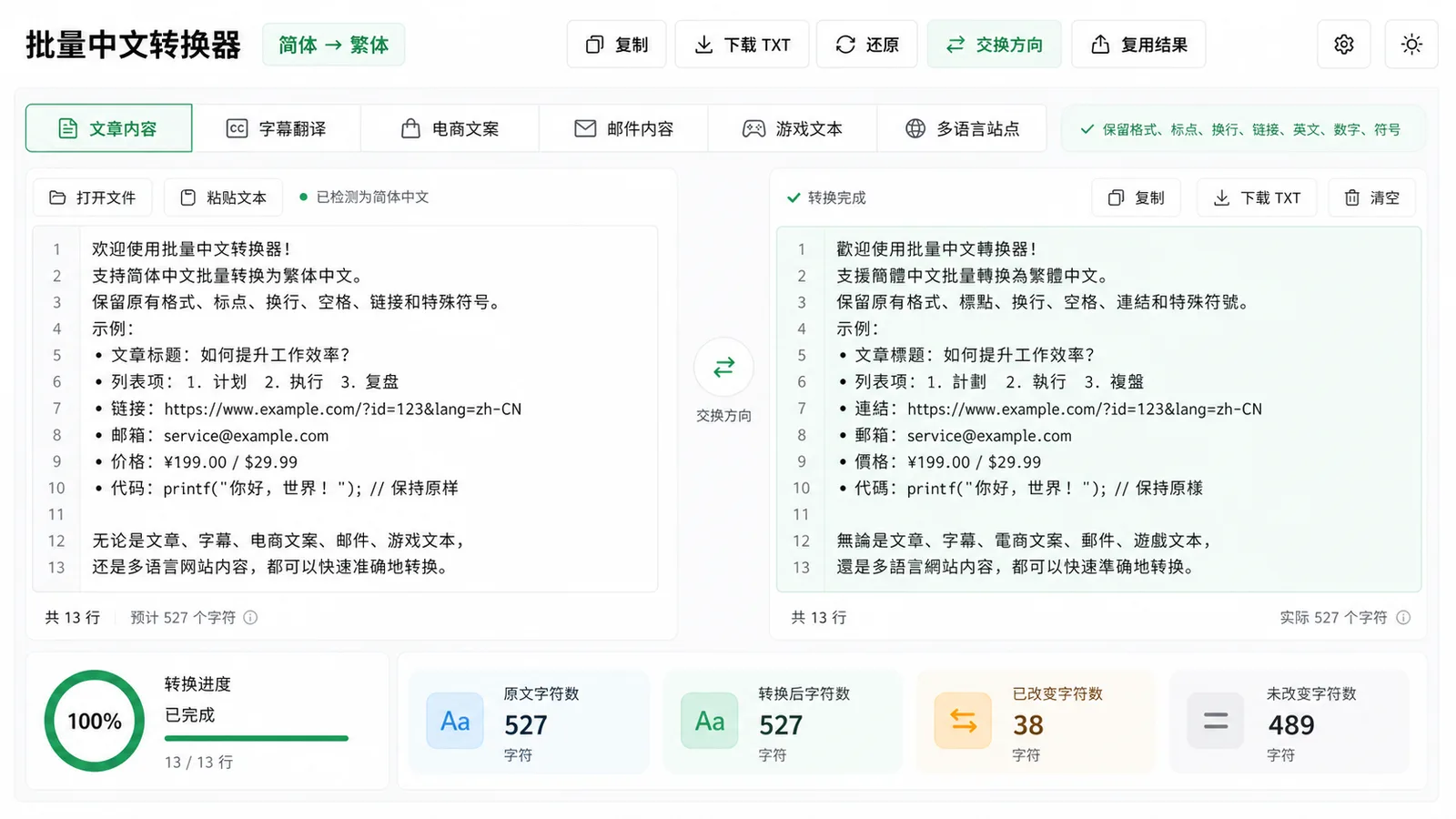 Traditional Chinese Converter batch text workflow with copy download restore swap direction and character statistics
