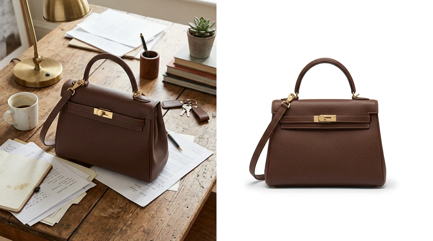E-commerce product photo before and after AI background removal โ left shows handbag on cluttered table, right shows same handbag on pure white background