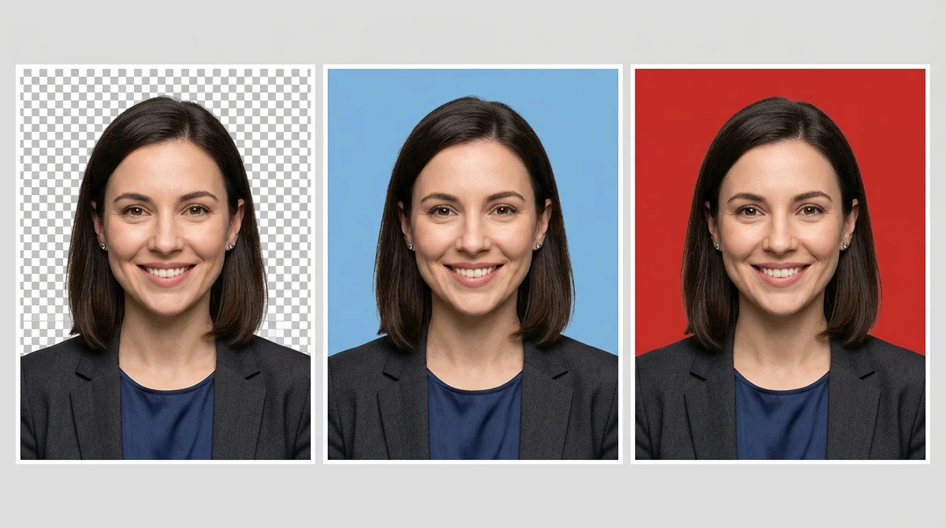 ID photo background swap โ same portrait shown on transparent, blue, and red backgrounds side by side