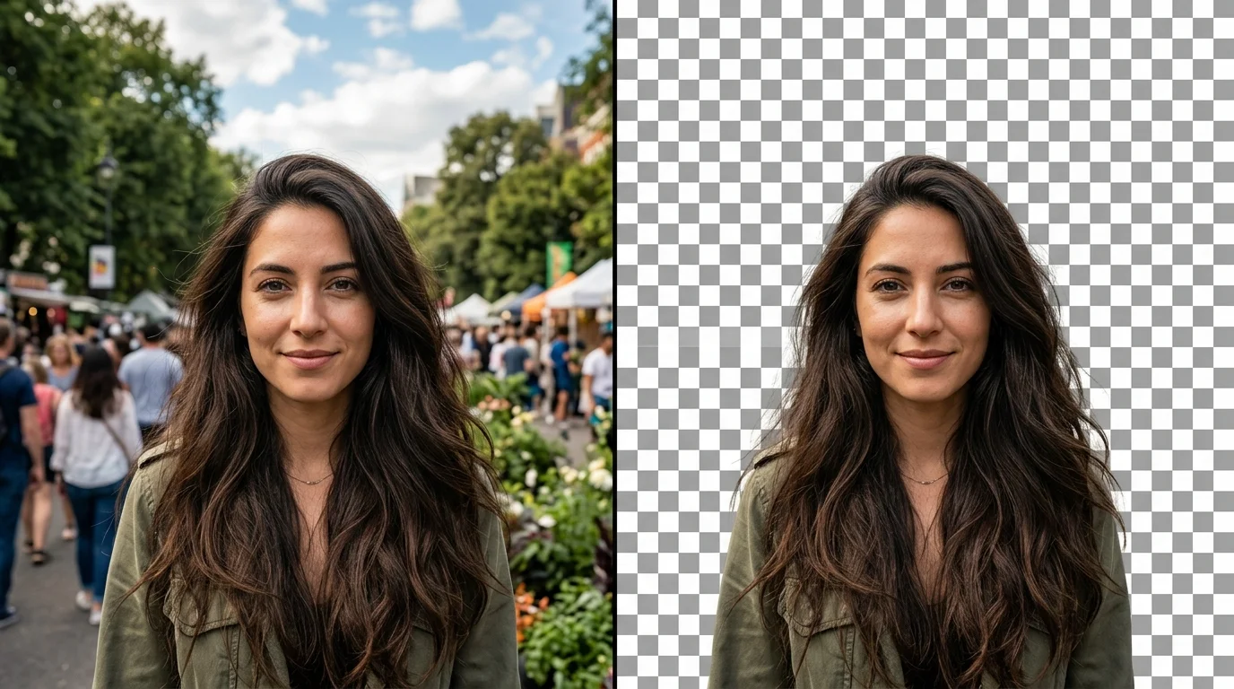 Local AI background removal with fine hair detail โ person with flowing hair against complex outdoor scene, result shows every strand preserved on transparent background