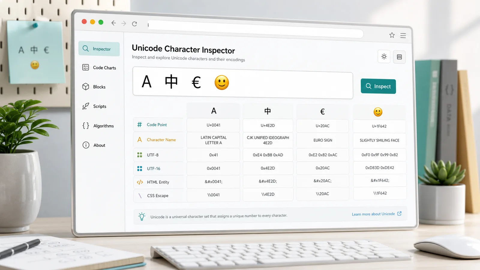مدقق أحرف Unicode analyzing mixed characters with code point name UTF-8 UTF-16 and escape rows