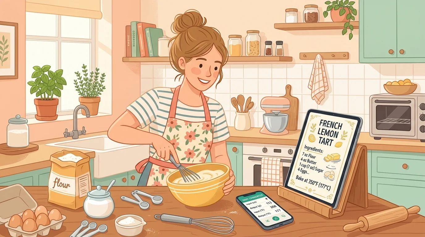 Home baker converting recipe measurements from ounces and Fahrenheit to grams and Celsius with a unit converter calculator