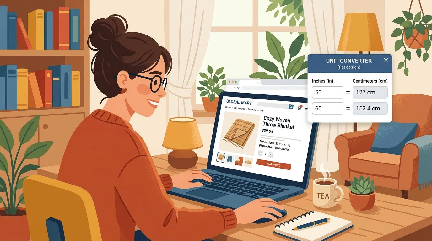 Person comparing product dimensions on an overseas shopping site using a unit converter calculator to convert inches to centimeters