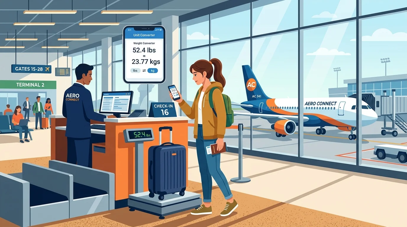 Traveler at airport converting luggage weight from pounds to kilograms using a unit converter calculator on a smartphone