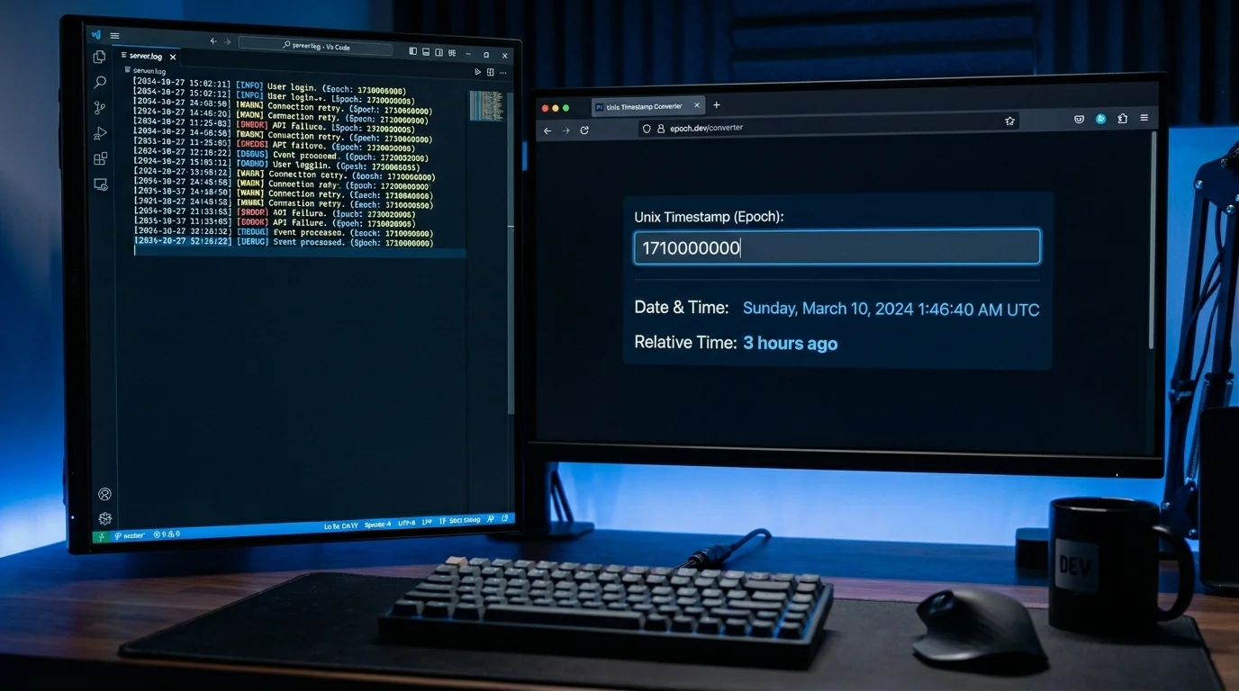Developer workflow showing a Unix timestamp being decoded in a browser tool alongside a code editor and terminal — replacing DevTools console commands