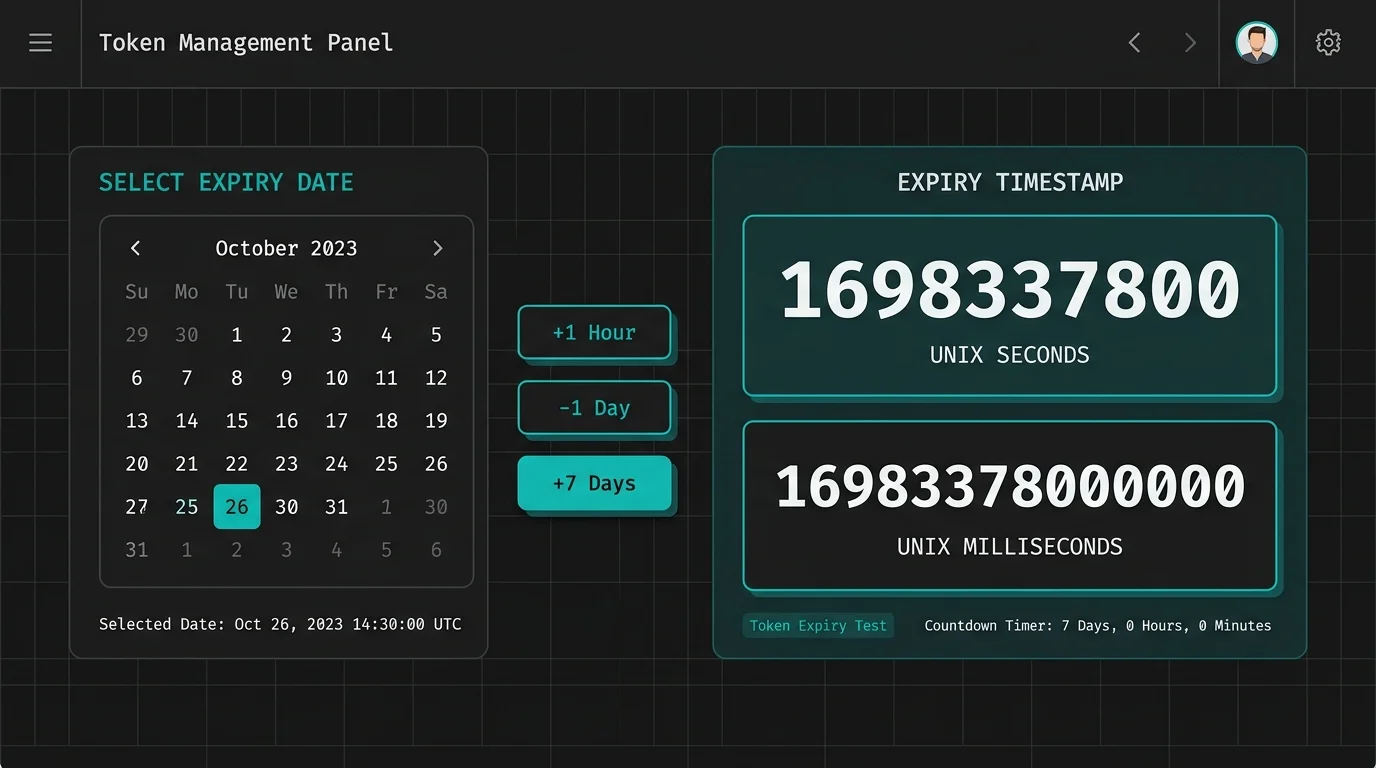 Developer test data generation screen showing future Unix timestamps created with quick offset buttons (+1 hour, +7 days) for token expiry and countdown timer testing