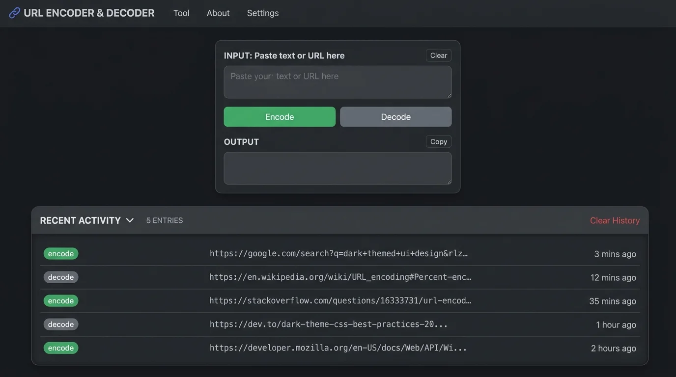 URL Master history panel listing recent encode and decode operations with timestamps and restore functionality