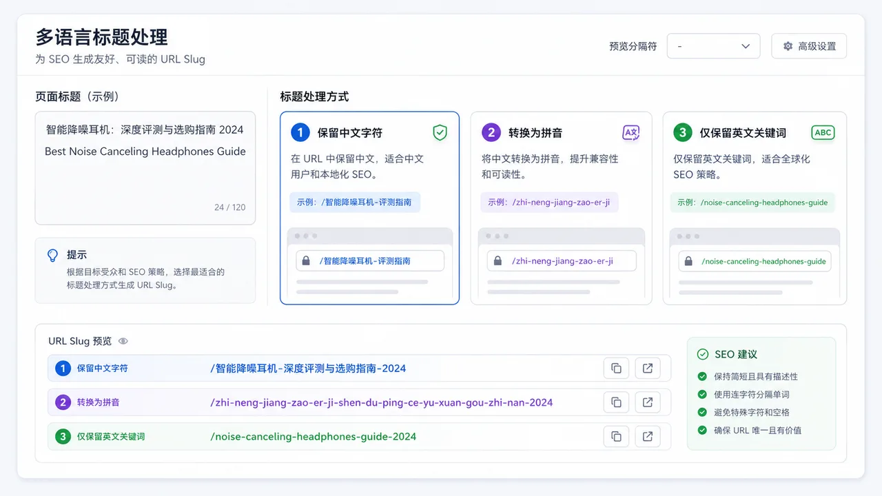 URL Slug Generator Chinese title modes for keeping Chinese converting pinyin or English keywords