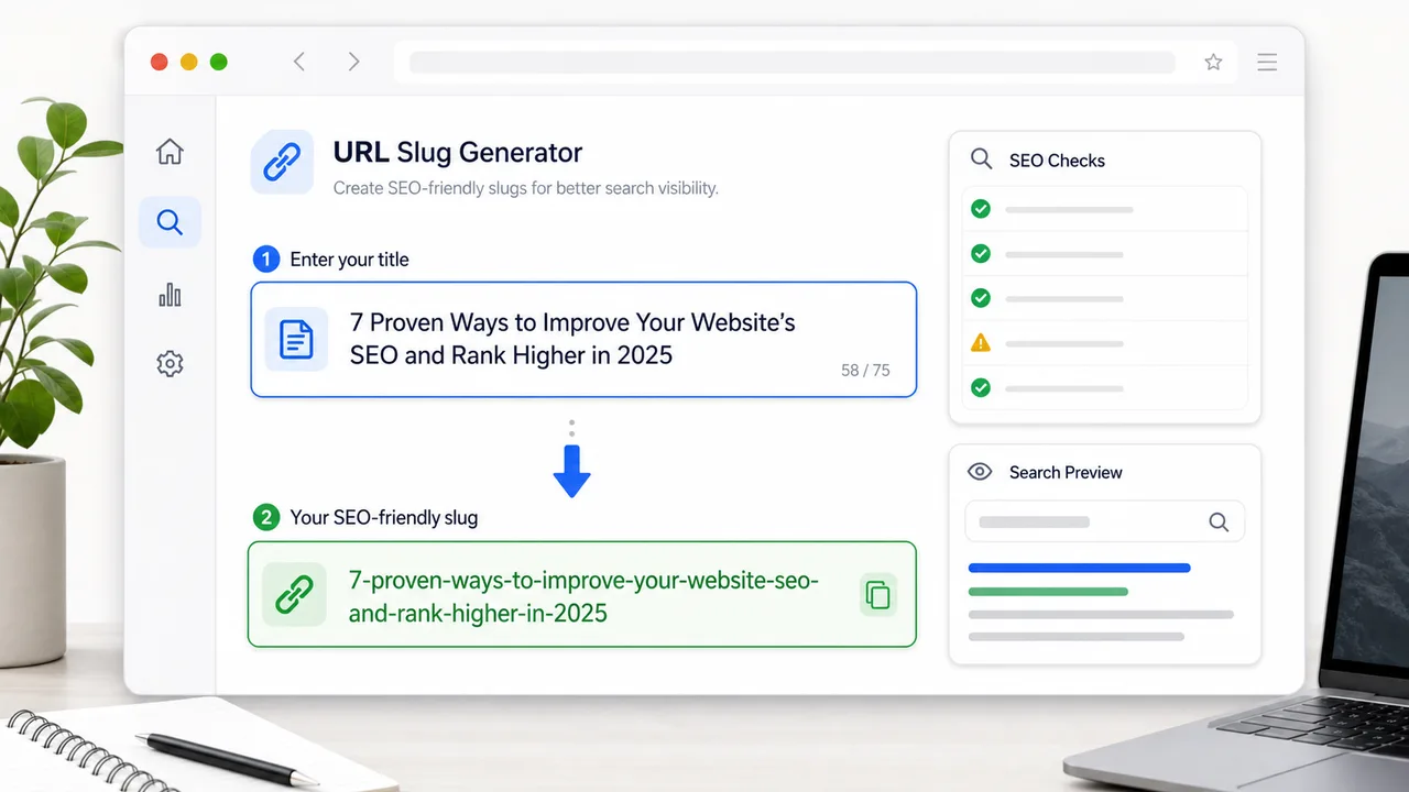 URL Slug Generator converting a page title into a clean SEO URL slug