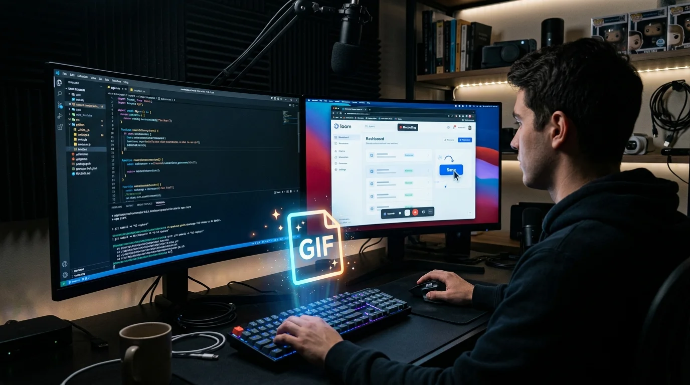 Developer recording a UI interaction on dual monitors to create a GitHub README GIF demo