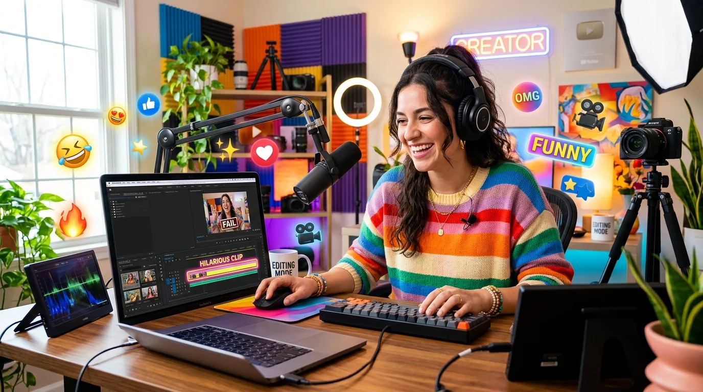 Content creator cutting a funny video clip on a laptop to make a shareable meme GIF