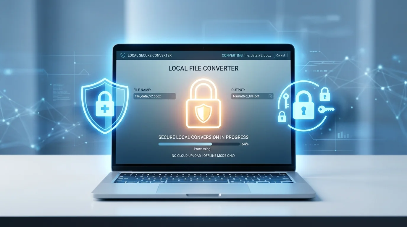 Glowing padlock on a laptop screen showing local browser-side file processing with no cloud upload