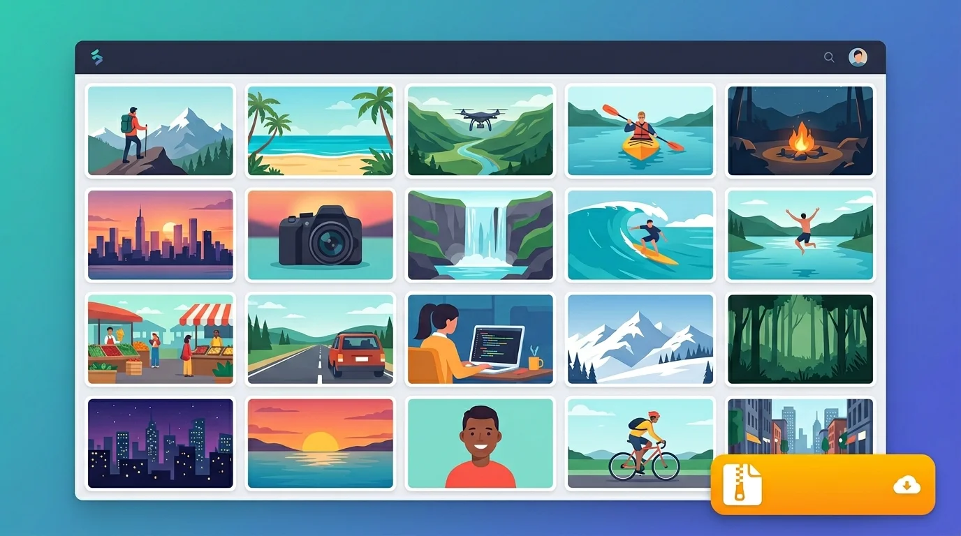 A flat design illustration of 20 photo thumbnails in a clean grid, extracted from a single video, with a ZIP download button in the bottom right corner