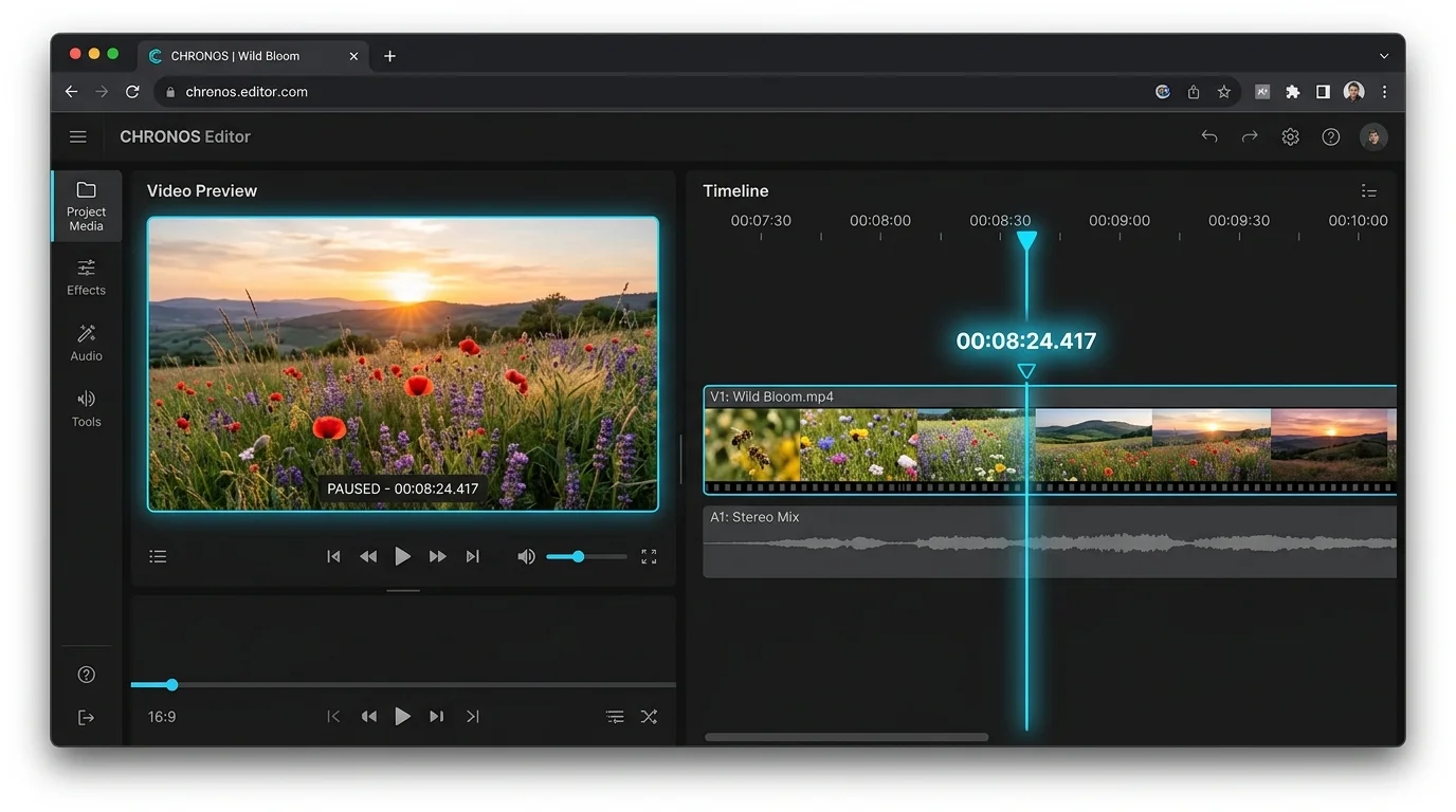 A sleek dark web UI showing a video timeline scrubber with millisecond timestamp, glowing blue playhead cursor paused mid-frame, and a strip of film thumbnails below