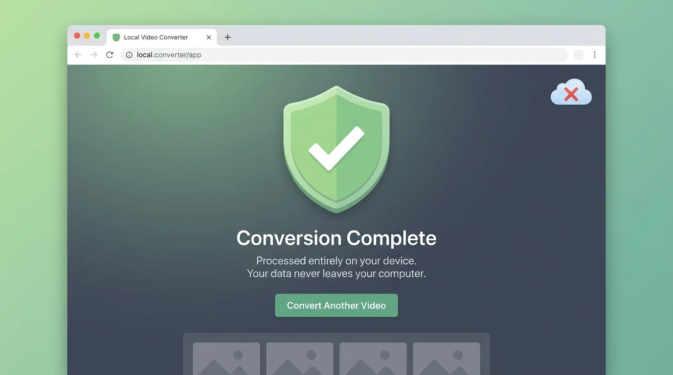 A minimalist browser tab UI showing a video-to-image converter processing locally, with a large shield checkmark icon and a crossed-out cloud upload symbol