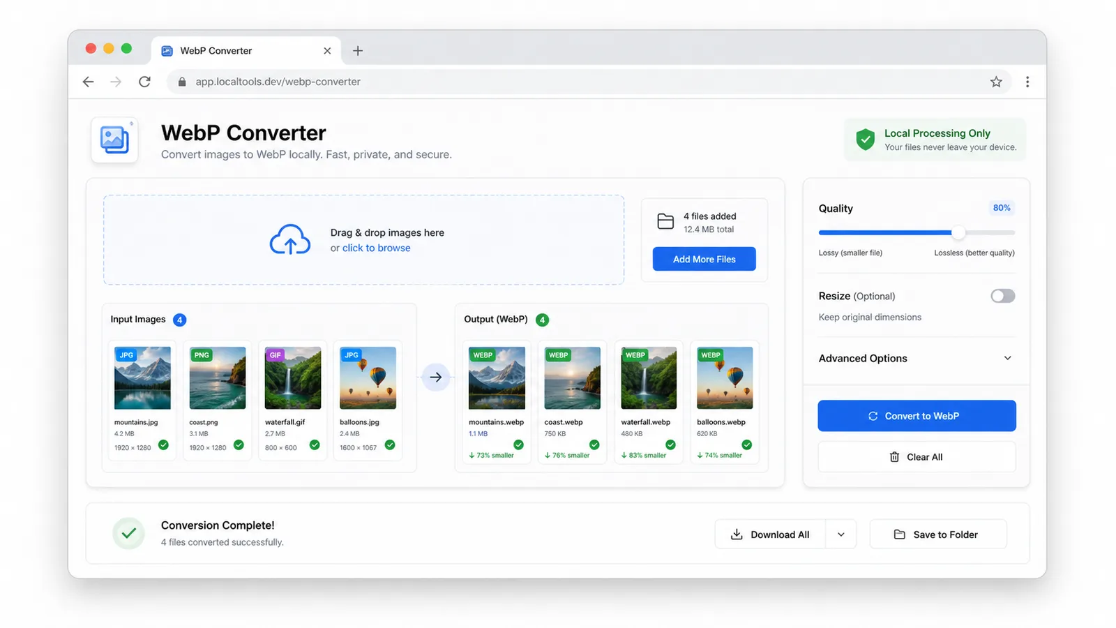 WebP Converter local batch conversion interface for JPG PNG and GIF images