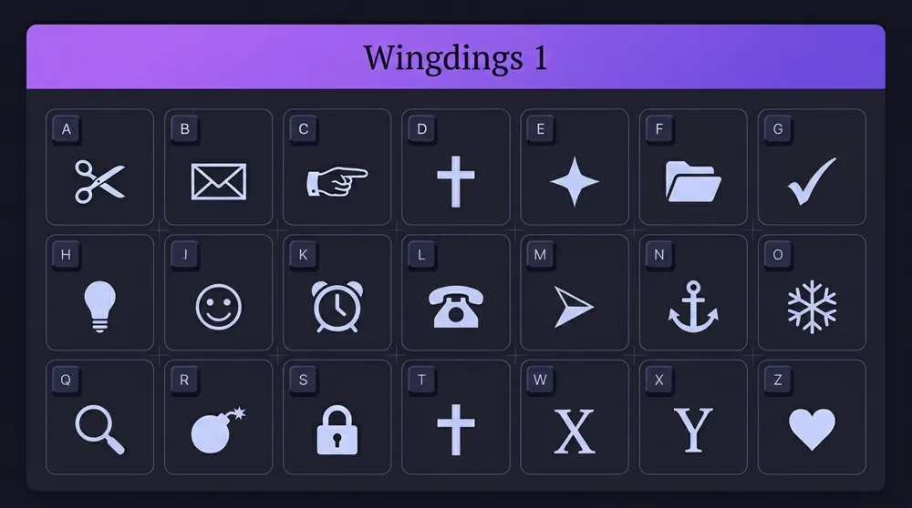 Wingdings 1 character map โ classic symbols including scissors, envelopes, stars and check marks