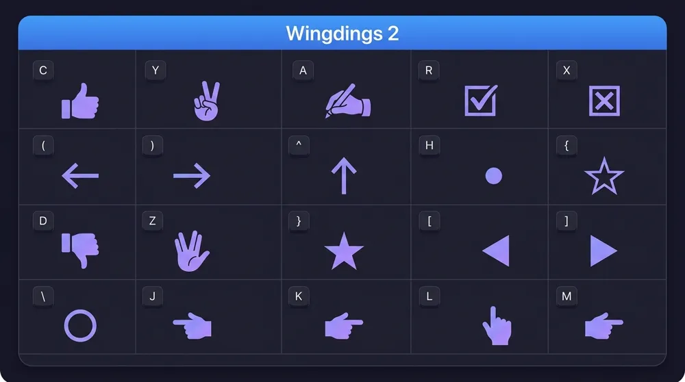 Wingdings 2 character map โ gesture symbols including thumbs up, peace sign and ballot boxes