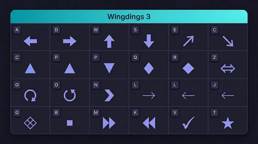 Wingdings 3 character map โ directional arrows and geometric shapes